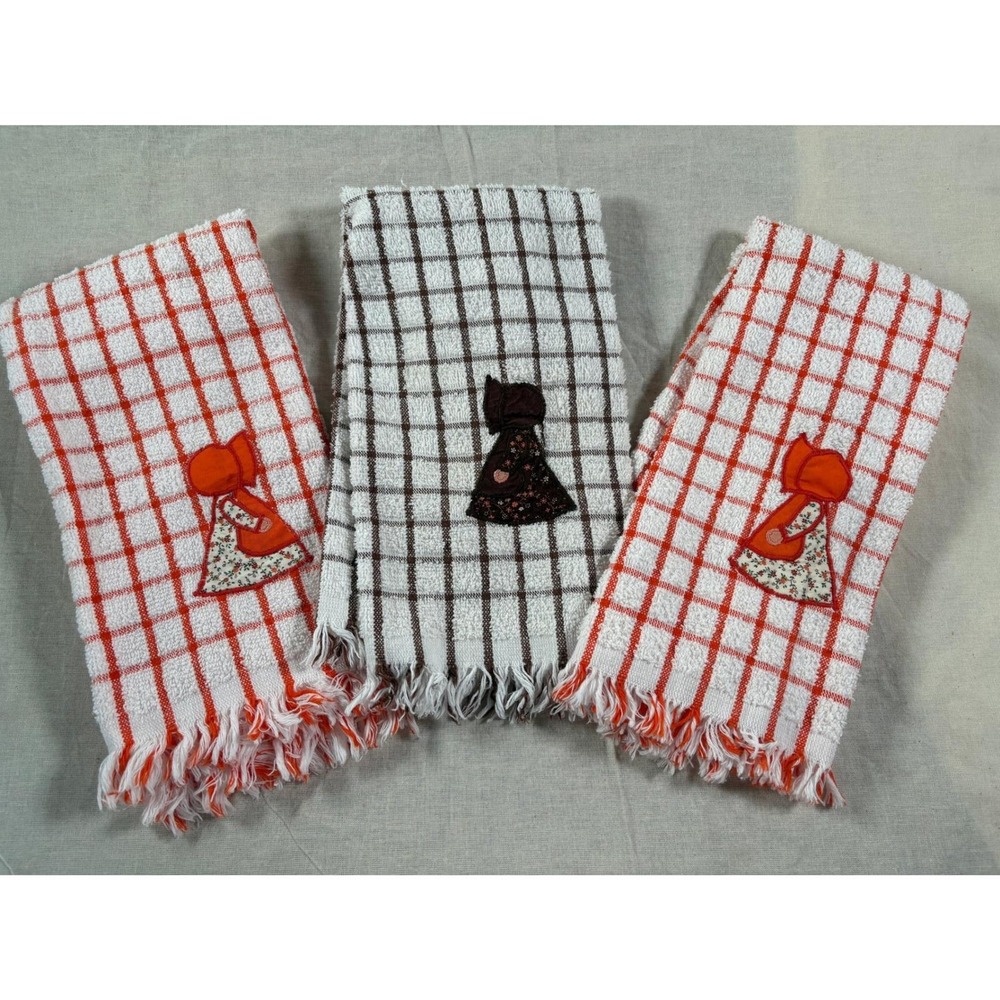 Vtg Cannon Kitchen Towels Set of (3) Sunbonnet Girl Applique Fringe Brown Orange - Picture 9 of 11